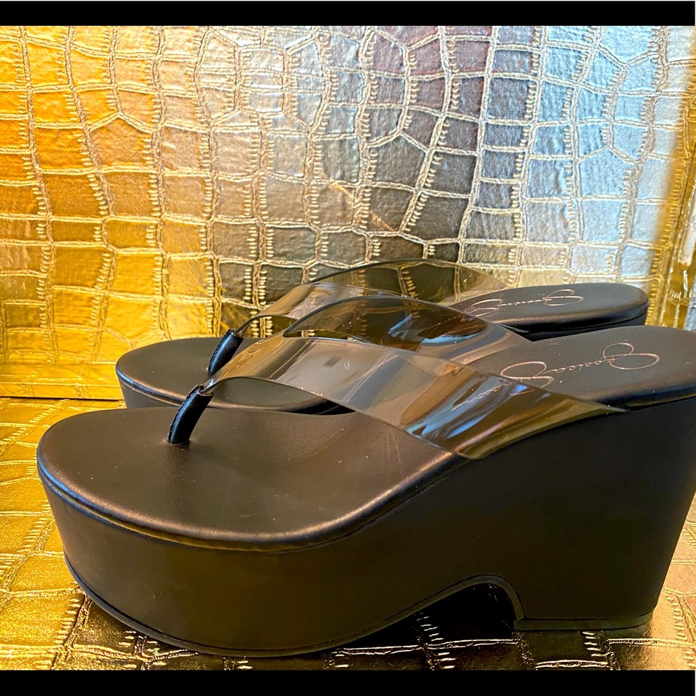 Jessica Simpson Stilla Black Translucent Platform Wedge Flip Flops